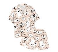 Generisch Ensemble pyjama décontracté pour enfants avec imprimé d'Halloween et col boutonné, manches courtes, haut et short peignoir enfants 140, bleu ciel, 12-13 ans