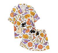 Generisch Ensemble pyjama décontracté pour enfants avec imprimé d'Halloween et col boutonné, manches courtes, haut et short peignoir pour femme et enfant, Violet foncé., 4-5 ans