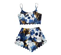 Generisch Ensemble pyjama d'Halloween à manches courtes pour fille avec motif graphique en satin de soie avec boutonnière, Pyjama B3 bleu, S