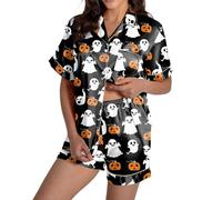 Generisch Ensemble pyjama d'Halloween pour femme en satin rose Pjs Lounge avec poches à manches longues Vêtements de nuit Crâne citrouille chauves-souris étoile, Noir , S