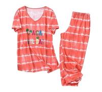 Generisch Ensemble pyjama en coton pour femme avec haut à manches courtes et pantalon capri pour des nuits reposantes comme vêtement de nuit confortable en grandes tailles, Orange, L