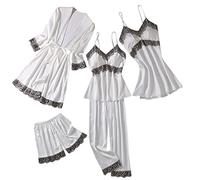 Generisch Ensemble pyjama en satin pour femme avec dentelle florale - Vêtement de nuit élégant comme sous-vêtement de rechange - Pyjama confortable pour des nuits reposantes - Détente élégante, Blanc