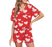 Generisch Ensemble pyjama en soie pour femme avec col en V et short comme vêtement de nuit confortable pour les voyages, Rouge pastèque, S