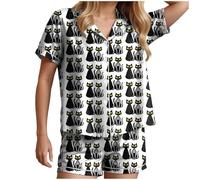 Generisch Ensemble pyjama pour femme avec motif squelette de chat - Pyjama à manches courtes de style Halloween - 2 pièces amusantes avec chemise et short, Style_d01 Noir, M