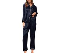 Generisch Ensemble pyjama tendance pour femme en satin avec haut à manches longues et pantalon comme pyjama décontracté pour des nuits reposantes, détente confortable à la maison, Marine, XL