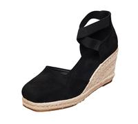 Generisch Espadrilles pour femme avec talon compensé et sangles croisées - Sandales à plateforme avec capuchon fermé et semelle en raphia | Chaussures d'été classiques pour un look élégant, Style K02