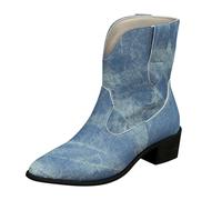 Generisch Europe et les États-Unis Bottes Courtes Hiver Rétro avec Pointus Cowboy Bottines Femme Noir Talon Plat, bleu, 39 EU