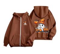 Generisch Femme Casual Impression Manches Longues Fermeture Éclair Manteau à Capuche Poche Sweatshirt Tops Pull Femme Élégant, café, XL