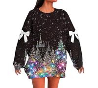 Generisch Femme Oversize Pull de Noël avec arbre lumineux - Longe Robe Sweatshirt avec Détails de Ruban - Haut de Tunique Festif avec Effet de Scintillement, XXL