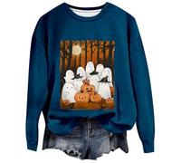 Generisch Femmes 2024 Halloween Hiver Citrouille Âme Imprimé No Hat Sport Tops Noir Pull Femme, bleu, XL