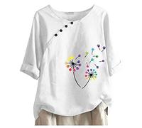 Generisch Femmes Casual Bouton Imprimé Floral Col O Manches Courtes T Chemisier Tops Paillettes Vêtements, Blanc., S