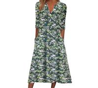 Generisch Femmes Casual Été Rayures Col V Manches Courtes Poche Longue Robe Vacances Robe Floral Robe d'été Robe Midi Robe Festive Femme Manches Longues, vert, 3XL