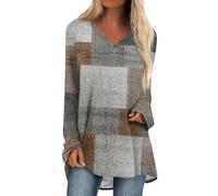 Generisch Femmes Casual Manches 3/4 Hauts Vintage Classique Long Shirt Manches Longues Sweatshirt Col Rond Pull Léger Sans Capuche Thermo Patchwork Pull Hiver Élégant Mode Streetwear, O Orange, XL