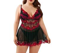 Generisch Femmes Grande Taille Lingerie Dentelle Chemise Mesh Vêtements de Nuit Deep V Teddy Chemise de Nuit pour Bikini Transparent, rouge, XL