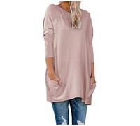 Generisch Femmes Hiver Confortable O-Neck Sweatshirts Manches Longues Couleur Lâche Haut Chemisier Manches Trois Quarts Chemise Femme, Rose, L