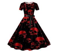 Generisch Femmes Impression Halloween Manches Courtes Années 1950 Ménagère Soirée Robe de Bal pour les occasions spéciales Événements décontractés, rouge, S
