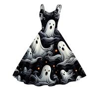 Generisch Femmes Imprimé Halloween sans manches Femme au foyer des années 1950 Soirée Robe de bal Robe Femme Dentelle, argenté, S