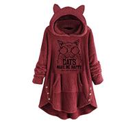 Generisch Femmes Long Top Imprimé Hoodies Poches Sweat à Capuche Manches Mignon avec Polaire Pull Cat Ear Femmes Hoodies & Sweatshirts, rouge, S
