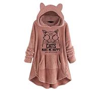 Generisch Femmes Long Top Imprimé Hoodies Poches Sweat à Capuche Manches Mignon avec Polaire Pull Cat Ear Femmes Hoodies & Sweatshirts, Rose, M