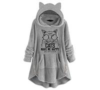 Generisch Femmes Long Top Imprimé Hoodies Poches Sweat à Capuche Manches Mignon avec Polaire Pull Cat Ear Femmes Hoodies & Sweatshirts, gris, S