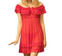 Generisch Femmes Manches Courtes Dentelle Satin -Chemises de Nuit Pyjama Pyjama Femme Body, rouge, XXL