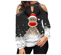 Generisch Femmes Noël Hors Épaule Classique Sweatshirt Imprimé Manches Longues Mode Hiver Pull Top Blouse Aisselles Femmes, Noir , 3XL