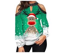 Generisch Femmes Noël Hors Épaule Classique Sweatshirt Imprimé Manches Longues Mode Hiver Pull Top Blouse Aisselles Femmes, vert, 4XL