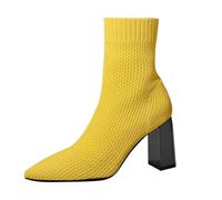 Generisch Femmes Printemps Hiver Bout Flottant Tissage Maille Gros Talon Haut Grande Taille Moyenne Bottes Toile Chaussures Femmes Bleu, jaune, 37 EU