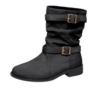 Generisch Femmes Printemps Hiver Couleur Unie Grande Taille Denim Boucle Bout Rond Talon Bas Bottines Chaussures Femme Bleu 37.5, Noir , 37 EU
