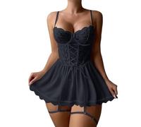Generisch Femmes Sexy Sous-vêtements Dentelle Lace Seductive Robe de Nuit String Deux Pièces Ensemble Lingerie Amusante, Noir , M