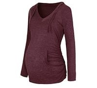 Generisch Femmes Vêtements de maternité Casual Manches Longues Col V Cordon de Serrage Sweat à Capuche Mince Sweatshirts Blouse Top avec Poche, Bordeaux, XXL