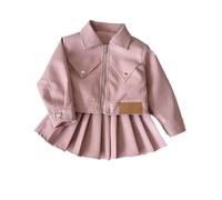 Generisch Fille Manteau en Cuir Jupe Plissée 2024 Automne Nouvelle Mode Coréenne Cool Casual Veste Enfants Moto Vêtements, Rose, 7-8 ans