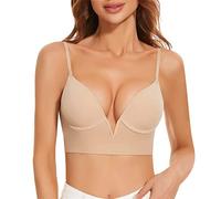 Generisch French Deep V Low Cut Grand dos ouvert en forme de U Beau dos Sous-vêtements sans couture Petite poitrine Froncé Soutien-gorge de sommeil sans anneau en acier, beige, 34