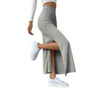 Generisch Frontière américaine européenne printemps été cintrée fente latérale jupe en tricot mince dames Hakama, gris, XXL