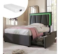 Generisch Garu Lit capitonné, avec éclairage LED et 2 tiroirs, tête de lit réglable en hauteur, lit simple, 90 x 200 cm, sommier à lattes en bois, Garu, avec matelas