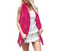 Generisch Gilet à franges pour femme - Style années 70 - Vintage - Gilet long avec pompons - Gilet hippie - Pour femme - Costume hippie - Costume de carnaval - Streetwear, Rose chaud., L