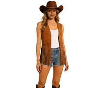 Generisch Gilet à franges style western - Denim usé - Style bohème - Avec motif perforé - Veste sans manches pour femme, marron, XL