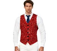 Generisch Gilet à paillettes pour homme - Sans manches - Paillettes - Tenue disco des années 70 - Costume de carnaval - Veste brillante pour homme - Col en V - Gilet de costume festif, W rouge., XXXXL