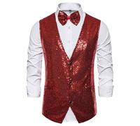 Generisch Gilet brillant pour homme avec col en V et nœud papillon - Gilet à paillettes - Pour spectacles, carnaval, discothèque, fête à thème, sans manches, mariage, smoking, Bordeaux, M
