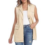 Generisch Gilet de costume sans manches pour femme - Gilet d'été léger - Col à revers ouvert sur le devant - Gilet de transition - Poches décoratives - Blazer classique - Veste de smoking ample