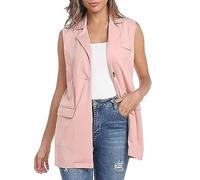 Generisch Gilet de costume sans manches pour femme - Gilet d'été léger - Col à revers ouvert sur le devant - Gilet de transition - Poches décoratives - Blazer classique - Veste de smoking ample