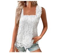 Generisch Gilet d'été élégant pour femme - Camisole avec dentelle florale - Col carré - Gilet matelassé léger sans manches pour femme, Blanc., XL