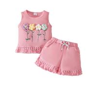 Generisch Gilet d'été sans manches pour enfant - Motif floral - T-shirt à pompons - Short - Tenues - Deux pièces - Pour enfant, Rose, 2-3 ans