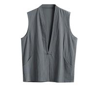 Generisch Gilet d'été sans manches pour homme en coton et lin avec boucle, gris, XXL