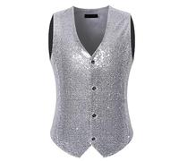 Generisch Gilet d'hiver pour homme avec paillettes dorées élégante à simple boutonnage comme substitut élégant de manteau (argent, XL)