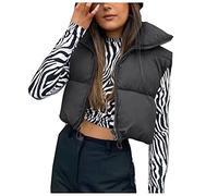 Generisch Gilet en duvet pour femme, sans manches, col montant, matelassé, chaud, pour l'hiver, gilet d'hiver court, doudoune légère, col montant, gilet de cyclisme, Noir , L
