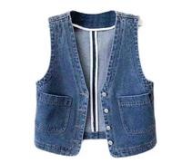Generisch Gilet en jean pour femme - Sans manches - Grandes tailles - Gilet d'été court - Avec col en V - Gilet de moto avec poches - Gilet de travail vintage - Veste en jean ample, bleu, 3XL