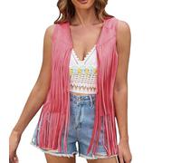 Generisch Gilet en jean tendance pour femme - Printemps - Sans manches - Oversize - Boyfriend - Veste de loisirs - En daim - Cowboy - Cardigan - Veste à franges - Style rétro hippie - Style bohème