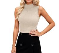 Generisch Gilet en tricot sans manches pour femme, col montant, fil brillant, moulant, élégant, sous-vêtements, décontracté, mode automne tendance, beige, taille unique