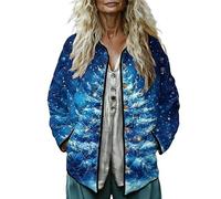 Generisch Gilet épais pour femme - Veste matelassée imprimée pour femme - Grande taille - Pour l'hiver - Manches longues - Veste boutonnée - Légère, rembourrée - Veste de ski de fond pour femme, bleu